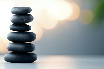 Obraz premium Balanced stack of smooth black zen stones on blurred background with soft bokeh lights creating peaceful spa and meditation atmosphere.