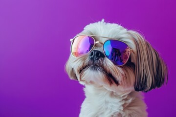 A cute dog wearing sunglasses against a vibrant purple background