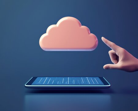 A digital hand interacts with a floating cloud icon above a tablet, symbolizing cloud computing and technology.