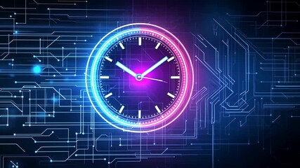 Digital time: Conceptual futuristic clock with circuit board background animation