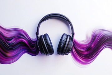Black headphones on white background, surrounded by purple abstract waves, symbolizing sound and music, ideal for audio product showcase or music website banner