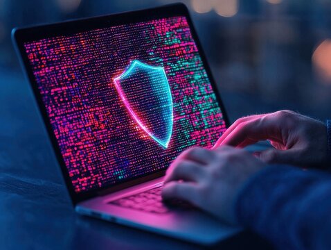 A digital security concept with a glowing shield image on a laptop screen, symbolizing protection against cyber threats.
