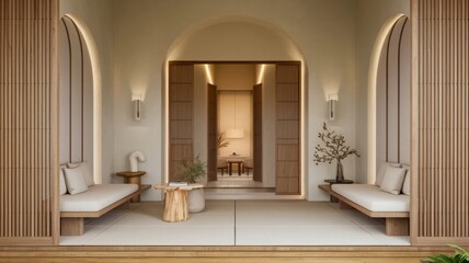 A serene indoor sanctuary featuring arched alcoves, natural wood, and minimalist decor, creating a tranquil, spa-like atmosphere.