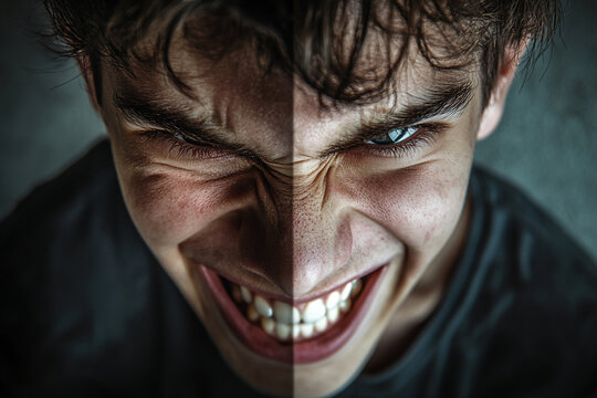 Close-up of a teenage boy's face, exhibiting an aggressive expression with bared teeth and furrowed brow, split in two contrasting tones, conveying anger or aggression