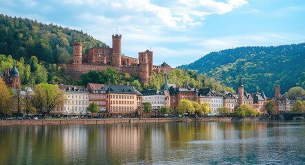 Springtime Serenity: Heidelberg Castle Ruins Overlooking the Blue River in Germany's Architectural Heart