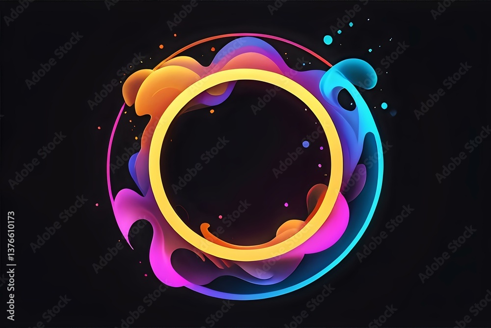 Poster vibrant circular frame with flowing neon gradient shapes and glowing elements on black background, c