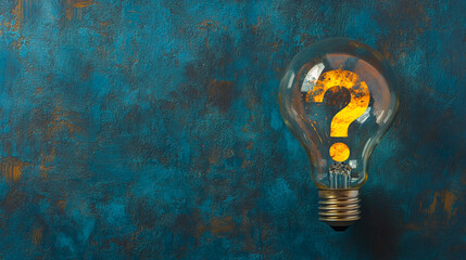 Glass lightbulb on teal background, question mark inside, representing inquiry, problem-solving, or seeking answers, ideal for brainstorming or FAQ concepts, free space for text