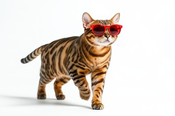 A cool cat wearing red sunglasses walking forward confidently