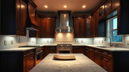 A well-lit, spacious kitchen with dark wood cabinetry, marble countertops, a central island, and modern appliances. A blend of functionality.