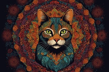Decorated cat with mandala pattern background in warm colors