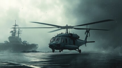 Navy Chopper Touching Down on Military Vessel Under an Expansive Sky