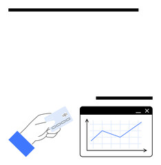 Hand holding card for digital transaction near web analytics screen with graph. Ideal for finance, e-commerce, investment, market growth, online banking, data analysis, technology. Flat simple