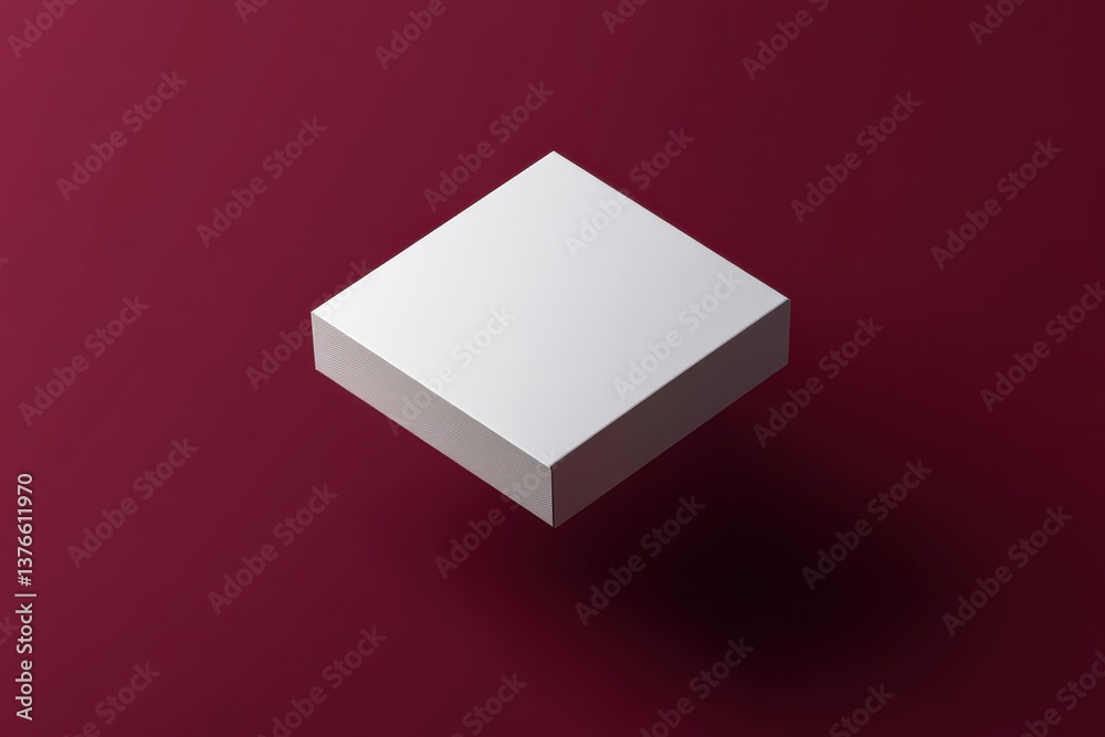 Poster simple white box suspended above a deep red surface, showcasing minimalist design and shadow play
