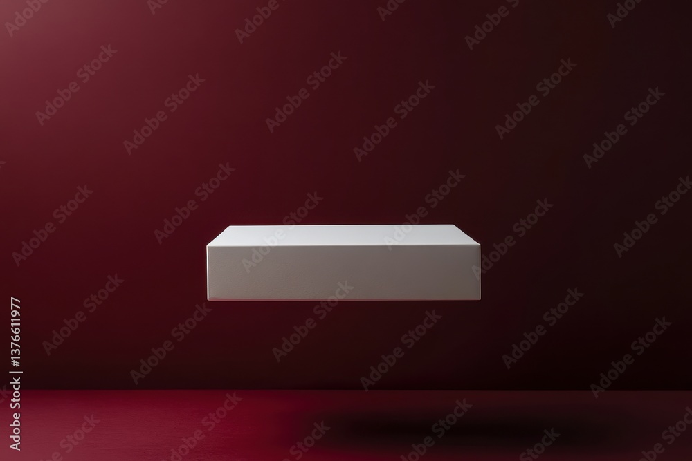 Aufkleber minimalist floating white box presented against a dark red background showcasing modern design aesth