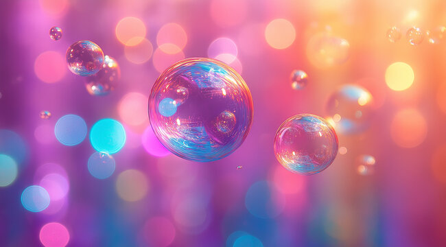 Floating colorful soap bubbles against a vibrant rainbow background