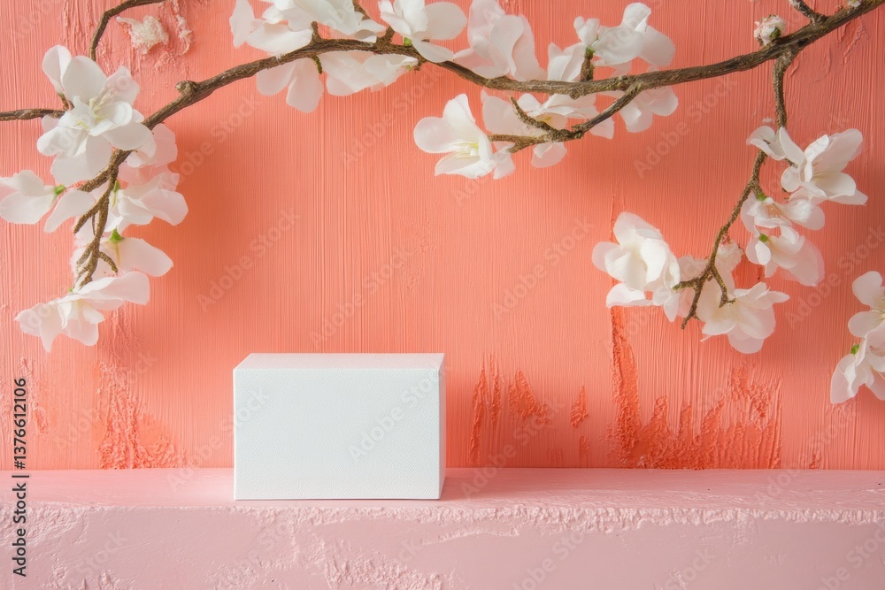 Aufkleber decorative arrangement features white box with delicate orchid branches against soft peach backdrop 