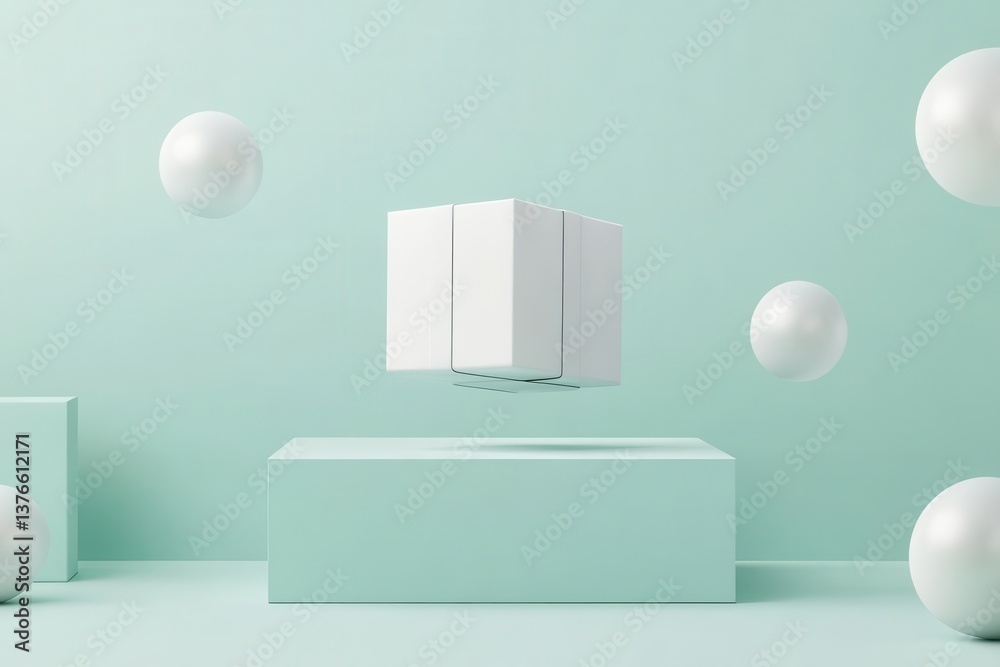 Aufkleber Floating white cube and spheres in a minimalist turquoise setting showcasing modern design and creativity
