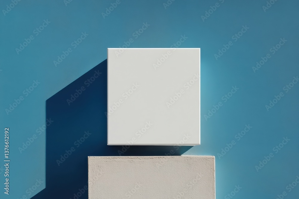Poster Minimalist display of a white square on a textured surface against a bright blue background highlighting geometric design at midday