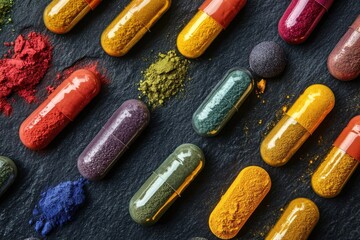 Colorful capsules and powders arranged on a dark surface showcasing various natural supplements and herbal remedies