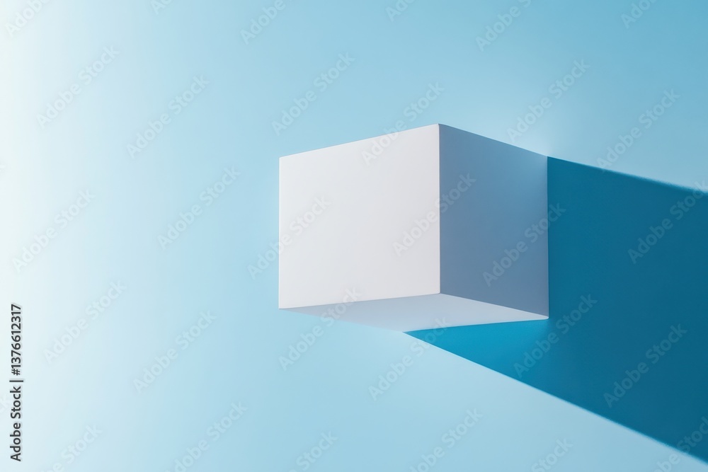Poster Minimalistic white cube casting a shadow on a soft blue background in a well-lit space