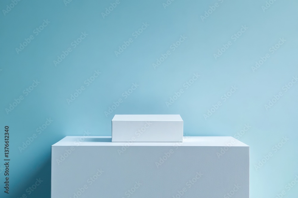 Poster Minimalist display of a white box on a pedestal against a soft blue background in an art-inspired setting