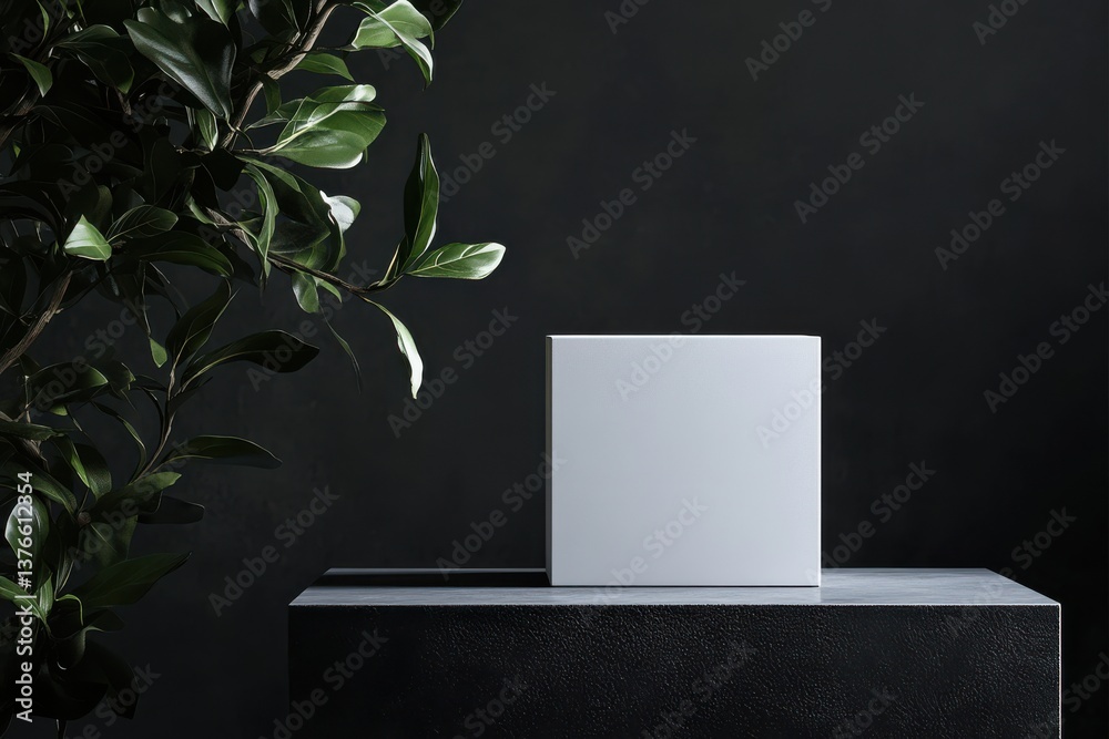 Poster Minimalist product display on a sleek stone pedestal with greenery in a dark setting