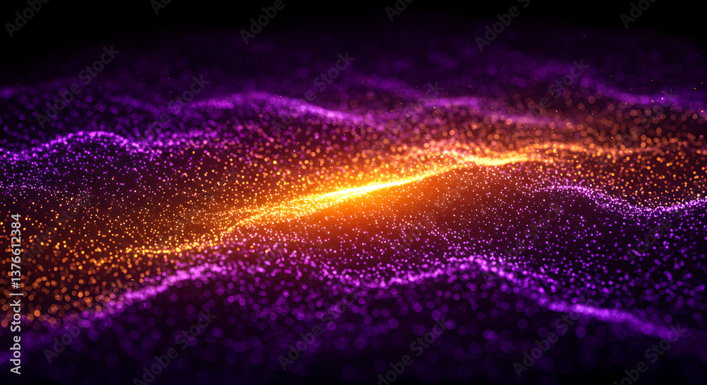 Poster digital data stream background for science design. purple and orange glowing particle wallpaper. abs