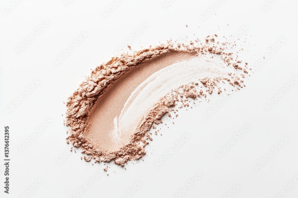 Poster cosmetics powder spread in an artistic display on a white surface, highlighting texture and color va