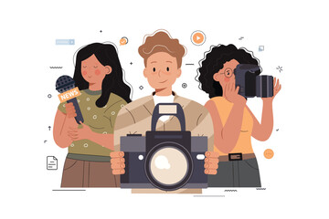 Journalism. Cartoon characters with cameras and microphones. Mass media, television, interview, breaking news, press conference concept. Flat vector