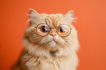 A Fluffy Persian Cat Wearing Round Glasses Looks Directly Forward