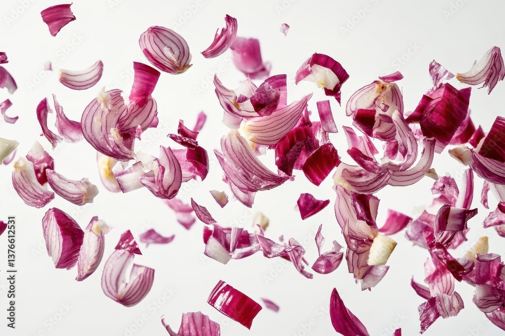 Poster chopped red onions floating in the air against a simple background
