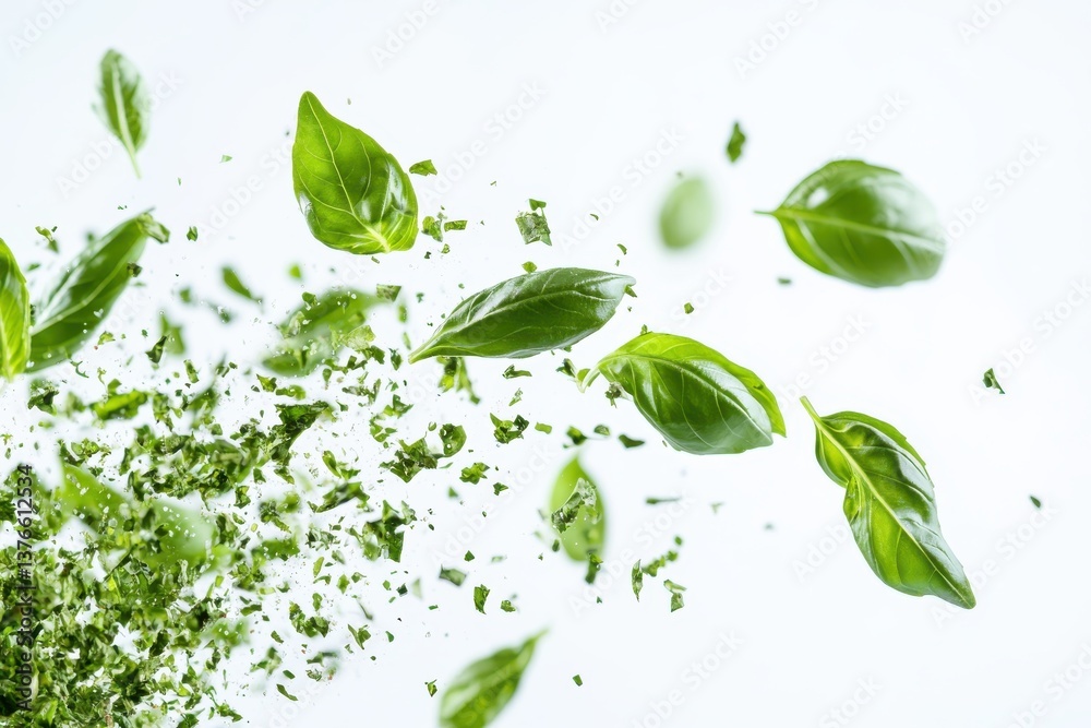 Poster fresh basil leaves floating above dried basil flakes on a white background for culinary inspiration