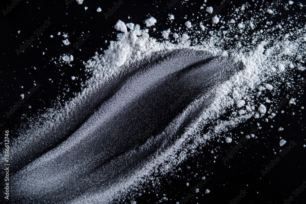 Poster Fine powder spreads across a dark surface creating an abstract pattern with varying textures and shades