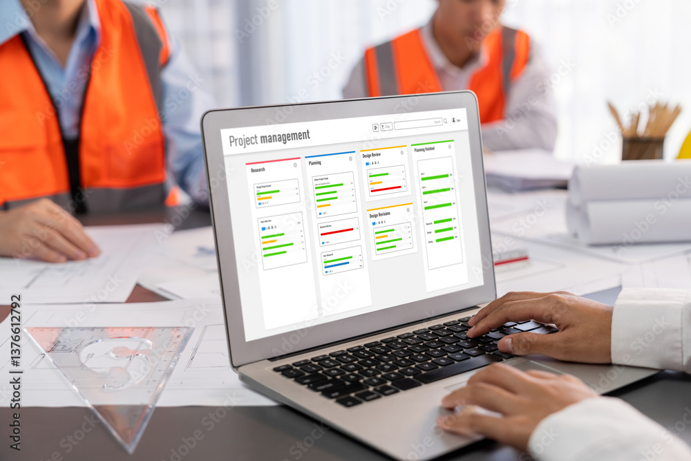 Poster project planning software for brisk business project management on the computer screen showing timel