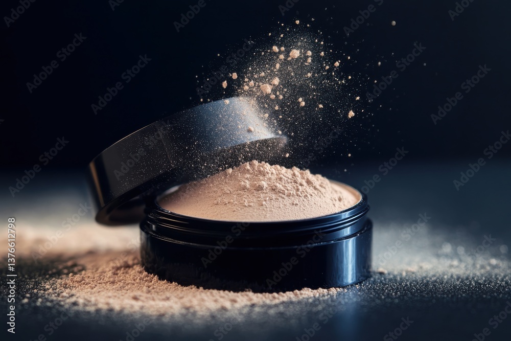 Poster Loose powder spills from a black container, creating a cloud of particles in a dimly lit environment