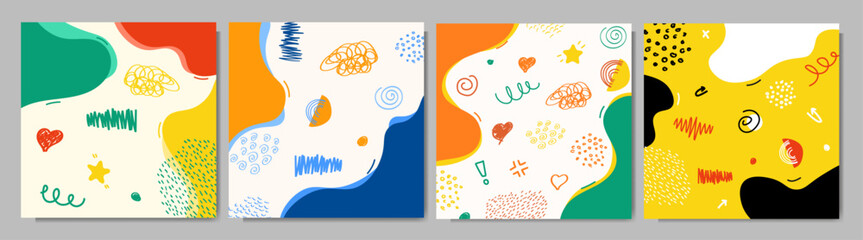 Vector illustration. Colorful childish background. Hand drawn memphis pattern doodle shapes and lines. Design elements for social media template, web banner, blog post. Trendy abstract colorful style