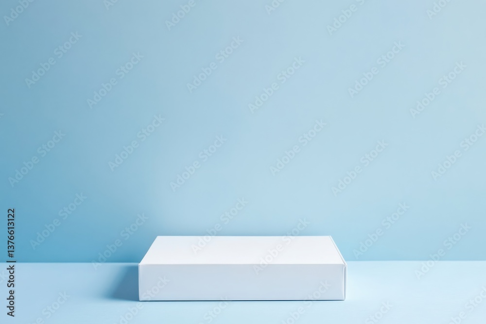 Aufkleber blank white box on a light blue surface with minimalist background showcasing simplicity and eleganc