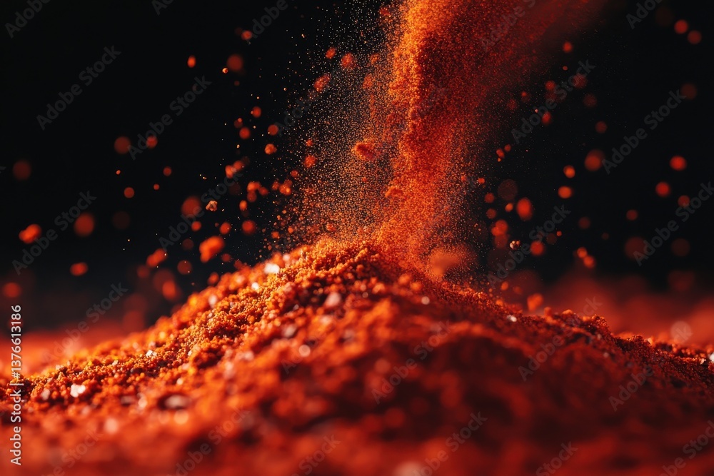 Poster vibrant red spice powder cascading from above, creating a mound on a dark surface