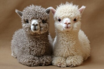 Two adorable alpacas sitting side by side on a soft surface with a neutral background