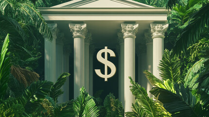 Classical columns surround a gold dollar sign, nestled within lush tropical foliage, symbolizing wealth and growth in a natural setting, ideal for financial concepts