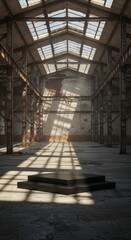 Fototapeta premium Industrial warehouse podium scene showcasing product display platform indoors