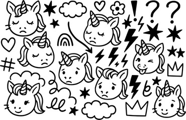 unicorn, emoji, emoticon, smiley, expressions, cute, Japanese, lightning, star, arrow, clouds, heart, flower, crown, hashtag, thunder, question mark, exclamation point, doodle