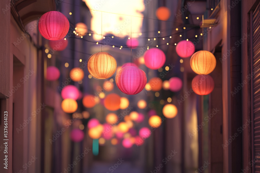 Poster blurred image of numerous pink and orange paper lanterns hanging in a narrow street at dusk, creatin