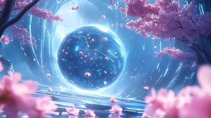 Holographic orb surrounded by glowing lights and falling cherry blossoms