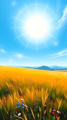 A Sun-Drenched Golden Field with Colorful Wildflowers