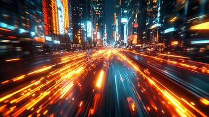 Fototapeta premium Futuristic city street at night with speeding cars and vibrant lights.