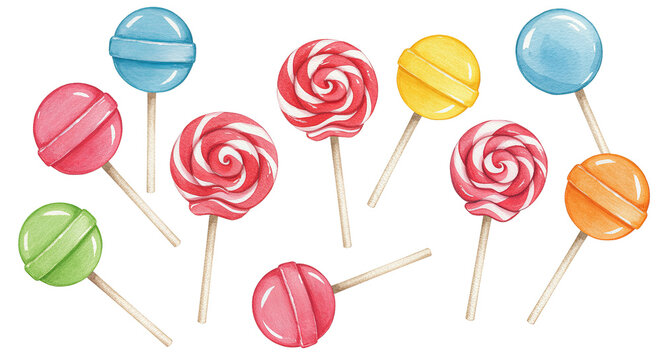 Set of colourful sweet lollipop candies on sticks, swirl and oval designs included, watercolour clipart illustration isolated on a transparent background