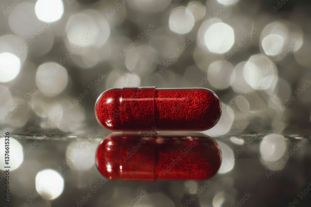 Aufkleber bright red capsule resting on a reflective surface with a blurred background, capturing a moment of 