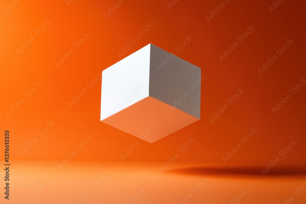 Poster Floating white cube against a vibrant orange backdrop with smooth shadows in a minimalistic setting
