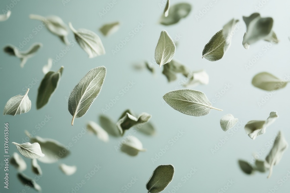 Poster Floating sage leaves create an ethereal atmosphere in a serene setting